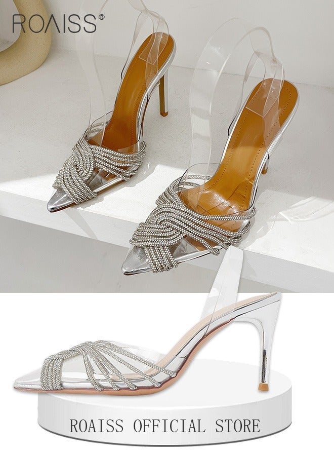 roaiss Women Rhinestone Decor Stiletto Heeled Pumps Elegant Banquet Slingback Pumps Ladies PVC Fashion Shiny Crystal High Heels Slip on Slingback Pointed Toe Wedding Sandals Summer Shoes Silver - Image 2