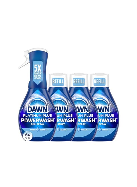 Dawn Platinum Powerwash Dish Spray, Dish Soap, Fresh Scent Bundle, 1 Spray (16oz) + 3 Refills (16oz each)(Pack of 4)