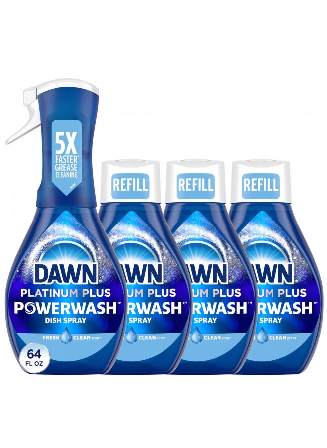 Dawn Platinum Powerwash Dish Spray, Dish Soap, Fresh Scent Bundle, 1 Spray (16oz) + 3 Refills (16oz each)(Pack of 4)