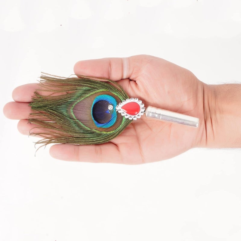 DHRUVS COLLECTION DHRUVS COLLECTION Silver Coated Peacock FeatherHand FanMore Pankh for Home Decoration Pooja Gift Purpose Donation Pack of 1 Small Size - Image 2