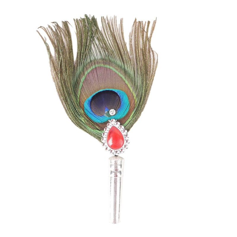 DHRUVS COLLECTION DHRUVS COLLECTION Silver Coated Peacock FeatherHand FanMore Pankh for Home Decoration Pooja Gift Purpose Donation Pack of 1 Small Size - Image 1