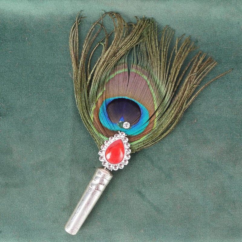 DHRUVS COLLECTION DHRUVS COLLECTION Silver Coated Peacock FeatherHand FanMore Pankh for Home Decoration Pooja Gift Purpose Donation Pack of 1 Small Size - Image 4