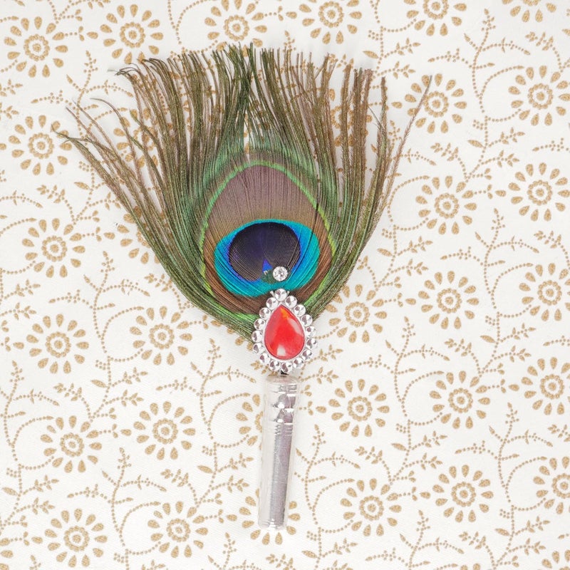 DHRUVS COLLECTION DHRUVS COLLECTION Silver Coated Peacock FeatherHand FanMore Pankh for Home Decoration Pooja Gift Purpose Donation Pack of 1 Small Size - Image 3