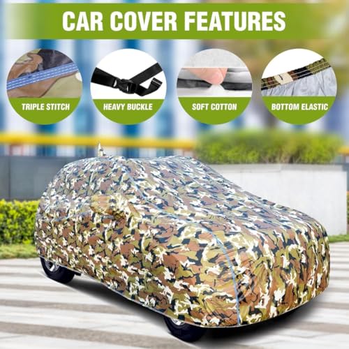 CABIUS 100% Waterproof Car Body Cover for Maruti Suzuki Baleno (2022-2025) Mirror Pocket (Heat & UV Resistant, Triple Stitched, Soft Lining, Bottom Elastic & Piping) Camouflage, Military Print - Image 3