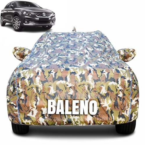 CABIUS 100% Waterproof Car Body Cover for Maruti Suzuki Baleno (2022-2025) Mirror Pocket (Heat & UV Resistant, Triple Stitched, Soft Lining, Bottom Elastic & Piping) Camouflage, Military Print - Image 1