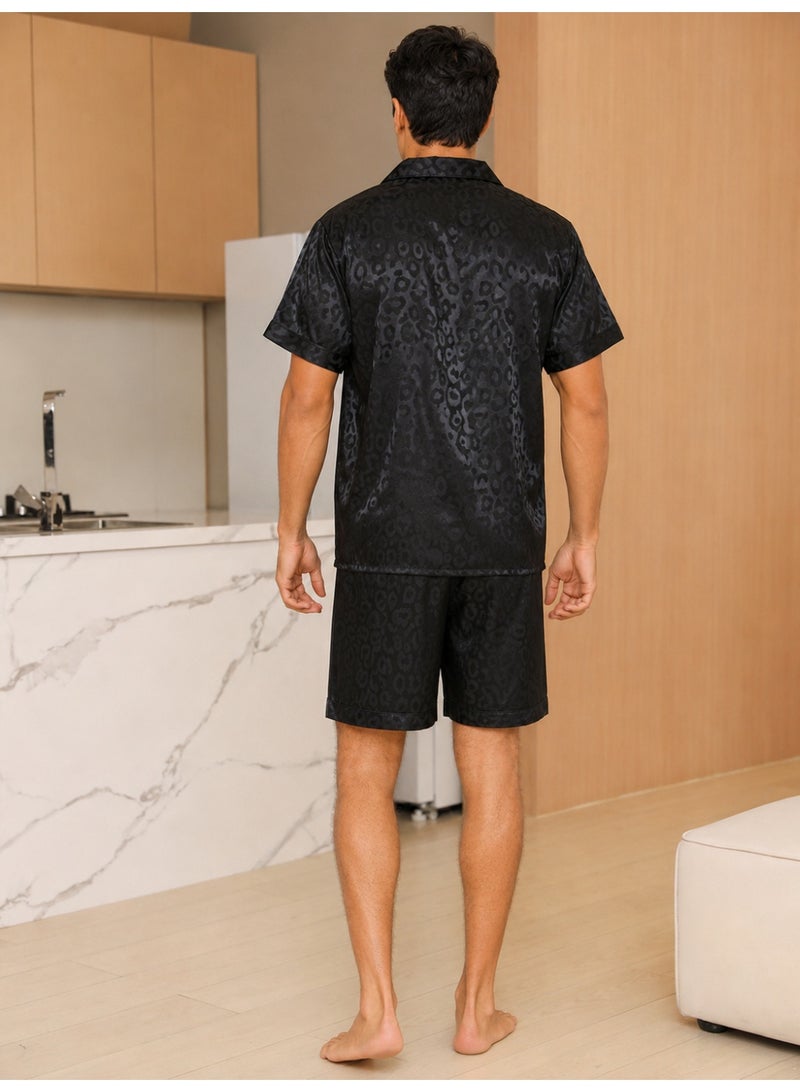 Men's Satin-Like Cooling Pajama Set, Short Sleeve Shirt & Shorts, Black Leopard Print - Image 5