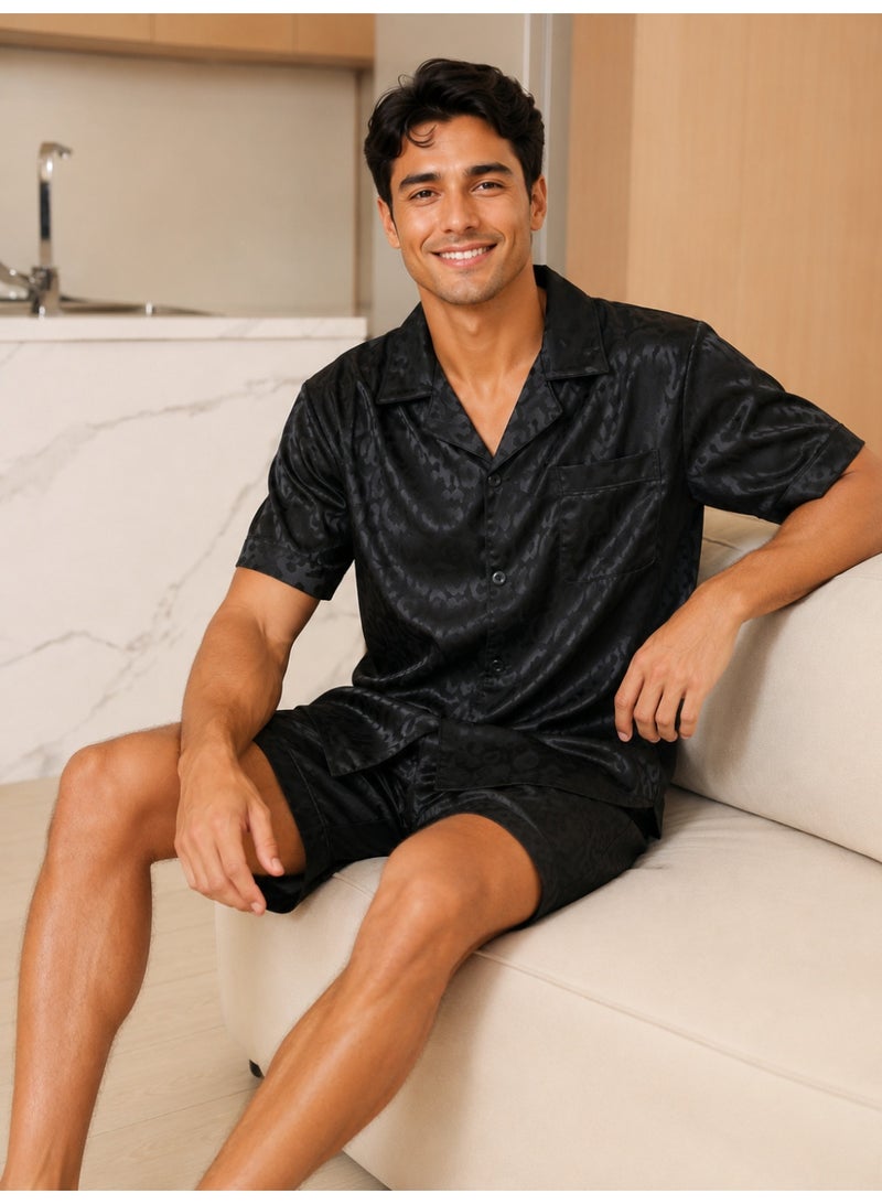 Men's Satin-Like Cooling Pajama Set, Short Sleeve Shirt & Shorts, Black Leopard Print - Image 3