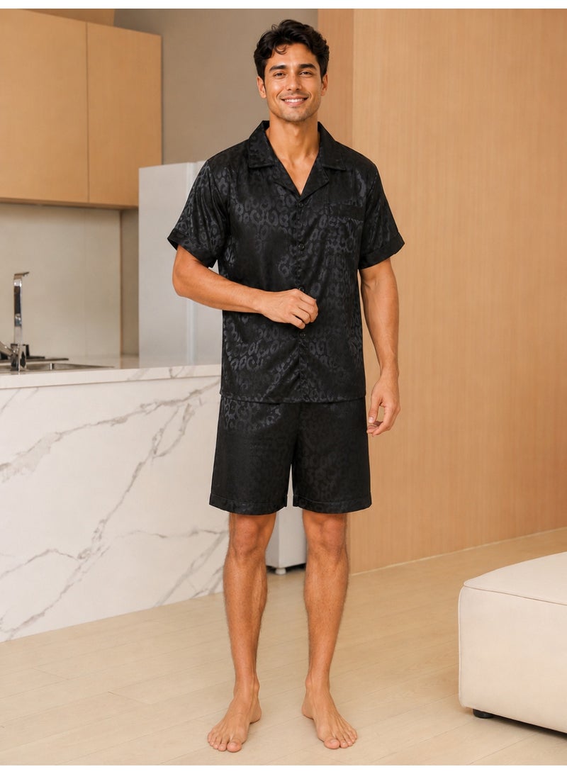 Men's Satin-Like Cooling Pajama Set, Short Sleeve Shirt & Shorts, Black Leopard Print - Image 2