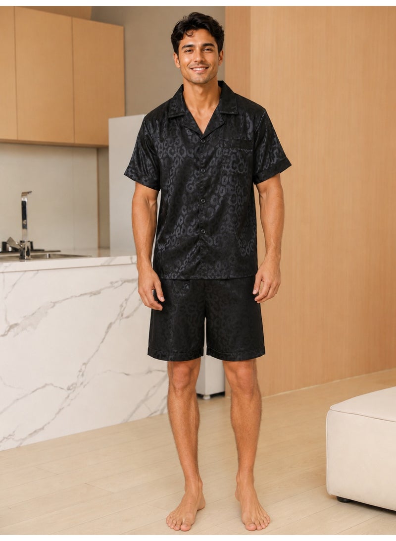 Men's Satin-Like Cooling Pajama Set, Short Sleeve Shirt & Shorts, Black Leopard Print - Image 4