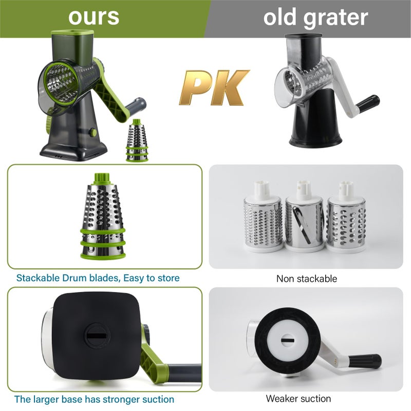 ALEXPHY Rotary Cheese Grater hand crank 3 blades with Stronger Suction Base | Stainless Steel Blades for Fruits, Vegetables, Nuts. Dishwasher Safe & Easy to Clean, Transparent Black & Blue - Image 4