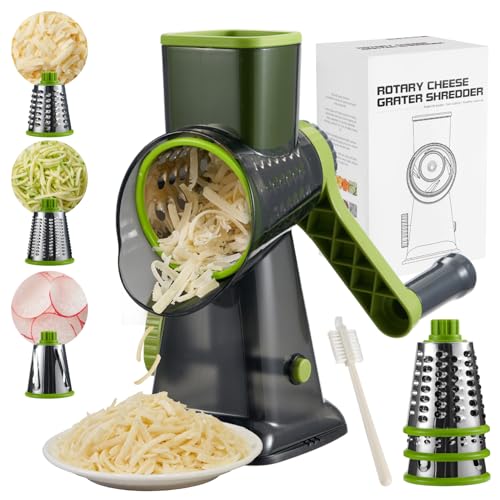 ALEXPHY Rotary Cheese Grater hand crank 3 blades with Stronger Suction Base | Stainless Steel Blades for Fruits, Vegetables, Nuts. Dishwasher Safe & Easy to Clean, Transparent Black & Blue - Image 1