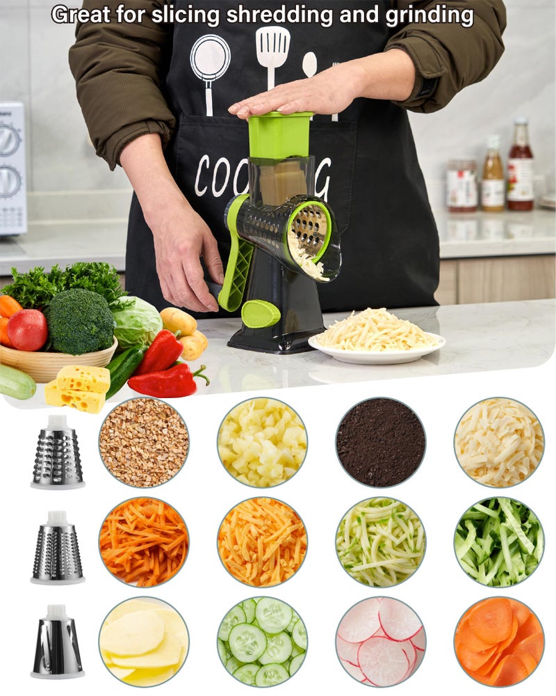 ALEXPHY Rotary Cheese Grater hand crank 3 blades with Stronger Suction Base | Stainless Steel Blades for Fruits, Vegetables, Nuts. Dishwasher Safe & Easy to Clean, Transparent Black & Blue - Image 3
