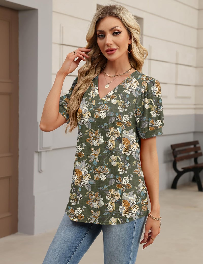 Rapbin Womens Tops Pleated Puff Short Sleeve T Shirts V Neck Dressy Casual Blouse Summer Spring Outfits Clothes Black Yellow Floral L - Image 5
