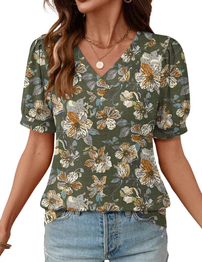 Rapbin Womens Tops Pleated Puff Short Sleeve T Shirts V Neck Dressy Casual Blouse Summer Spring Outfits Clothes Black Yellow Floral L - Image 1