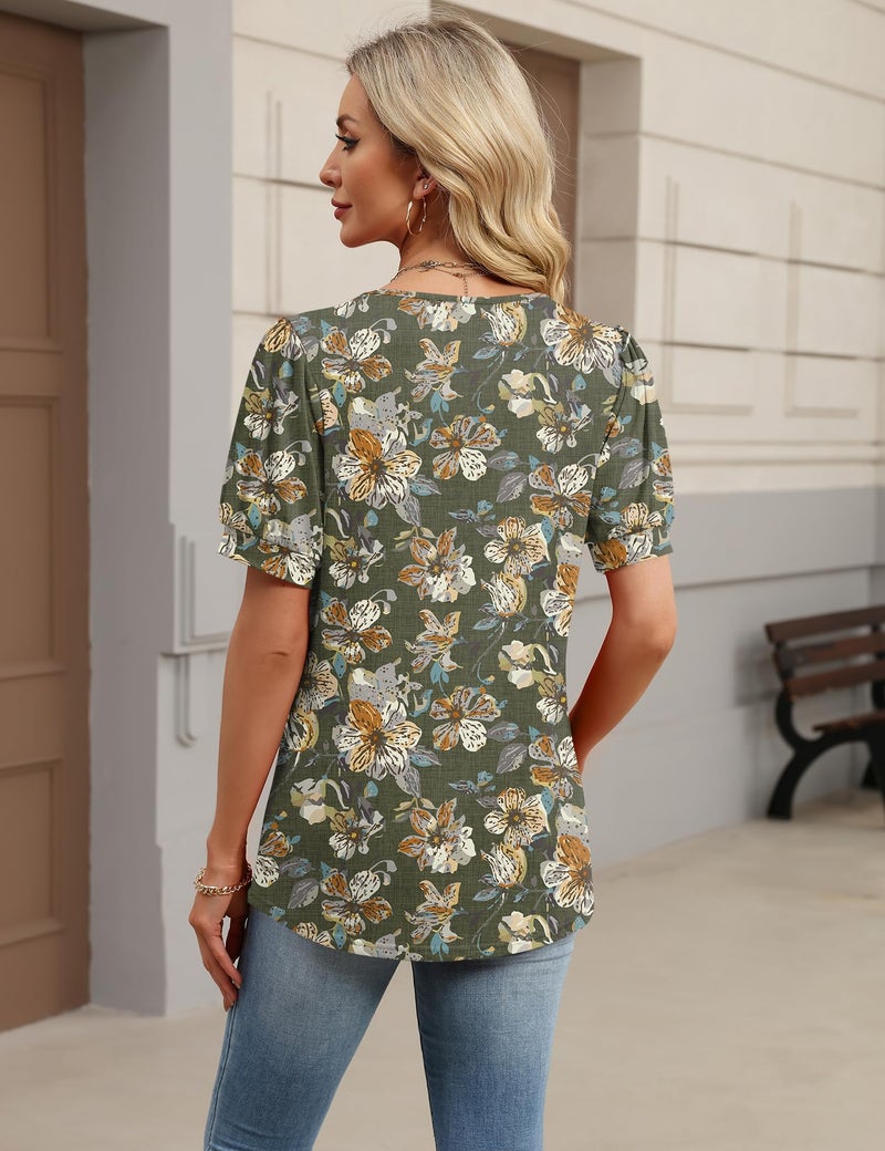 Rapbin Womens Tops Pleated Puff Short Sleeve T Shirts V Neck Dressy Casual Blouse Summer Spring Outfits Clothes Black Yellow Floral L - Image 3