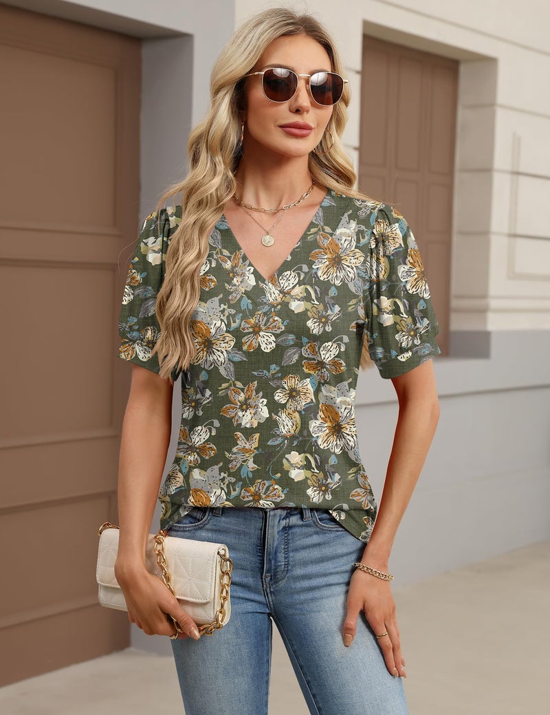 Rapbin Womens Tops Pleated Puff Short Sleeve T Shirts V Neck Dressy Casual Blouse Summer Spring Outfits Clothes Black Yellow Floral L - Image 4