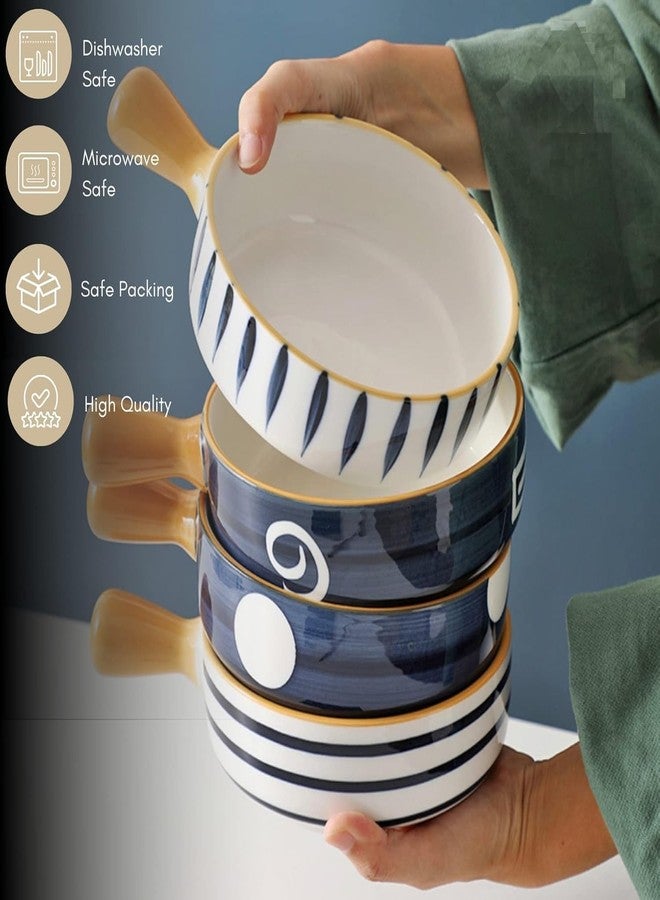 NYRWANA Modern Ceramic Bowl with Handle | 700ml Serving Bowl | Microwave & Oven Safe, Dishwasher Safe | Large Snack, Soup & Noodle Bowl | Valentine Gift for Girlfriend (Blue & White) - Image 4