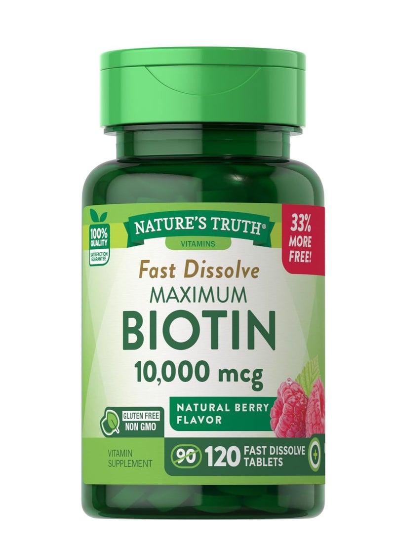 Nature's Truth Truth Biotin 10000mcg 120 Fast Dissolve Tablets Maximum Strength Hair Skin and Nails Supplement Natural Berry Flavour Vegetarian, Non-GMO  - Image 1
