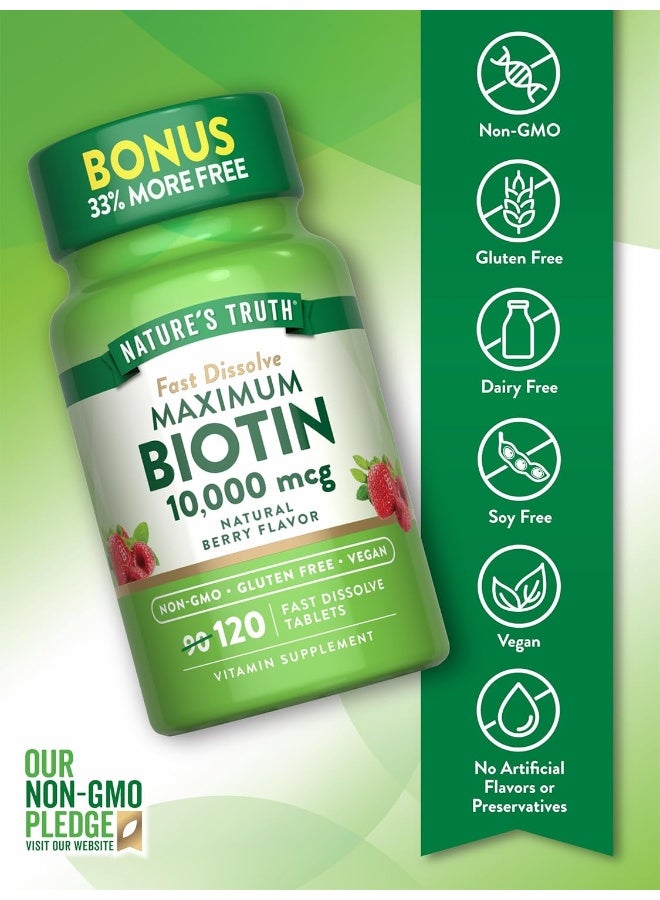 Nature's Truth Biotin 10000mcg 120 Fast Dissolve Tablets Maximum Strength Hair Skin and Nails Supplement Natural Berry Flavour Vegetarian, Non-GMO, Gluten Free - Image 3