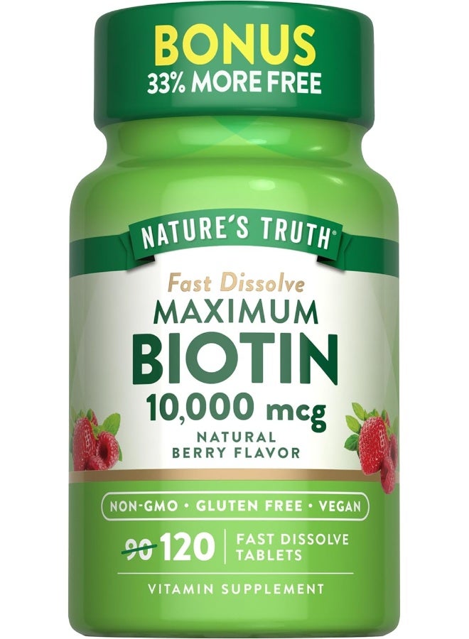 Nature's Truth Biotin 10000mcg 120 Fast Dissolve Tablets Maximum Strength Hair Skin and Nails Supplement Natural Berry Flavour Vegetarian, Non-GMO, Gluten Free - Image 1
