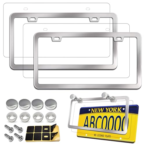 Aootf License Plate Frames Covers - Stainless Steel Car Tag Holder and Clear Flat Shield, Unbreakable Front Rear Protector with Chrome Screws Caps, 2 Sets - Image 1