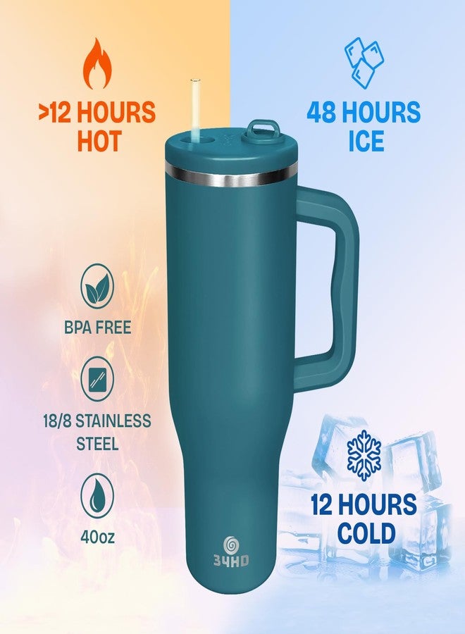 34HD 40 oz Vacuum Insulated Tumbler with Handle and Hidden Straw, Double-wall Stainless Steel Travel Mug, Leakproof Lid, Fits Cup Holder, BPA-Free, Keeps Drinks Hot & Cold To 12h, Teal Mirage - Image 5