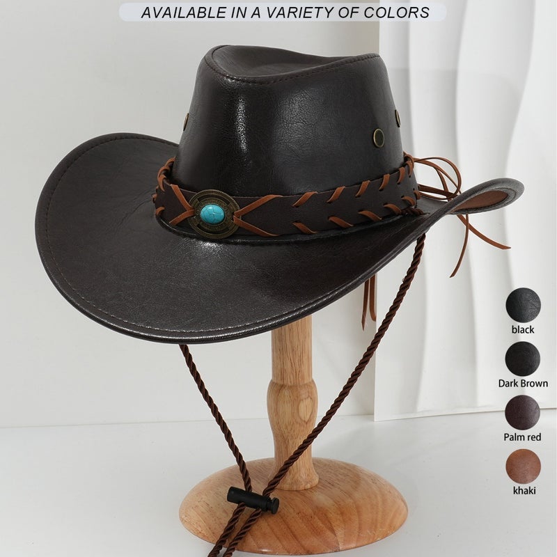 Men'S And Women'S Pu Leather Y2K Style Topper Hat Metal Disc Inlaid Sapphire Woven Accessories Belt Travel Activities - Image 2