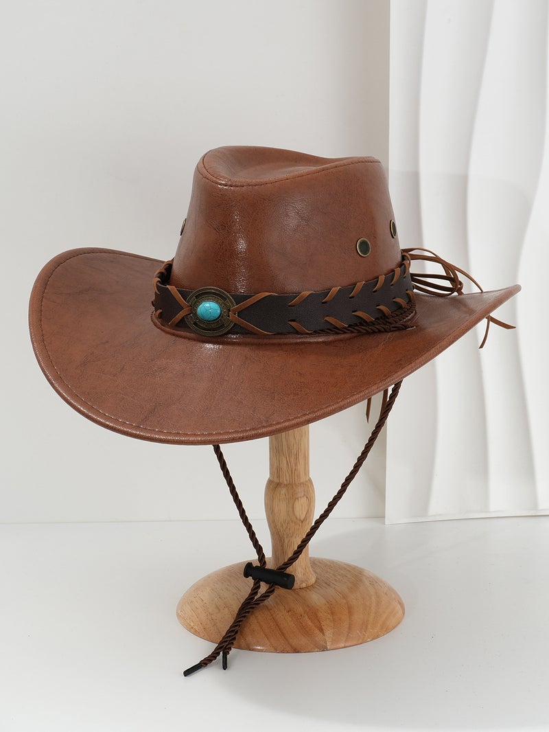 Men'S And Women'S Pu Leather Y2K Style Topper Hat Metal Disc Inlaid Sapphire Woven Accessories Belt Travel Activities - Image 1