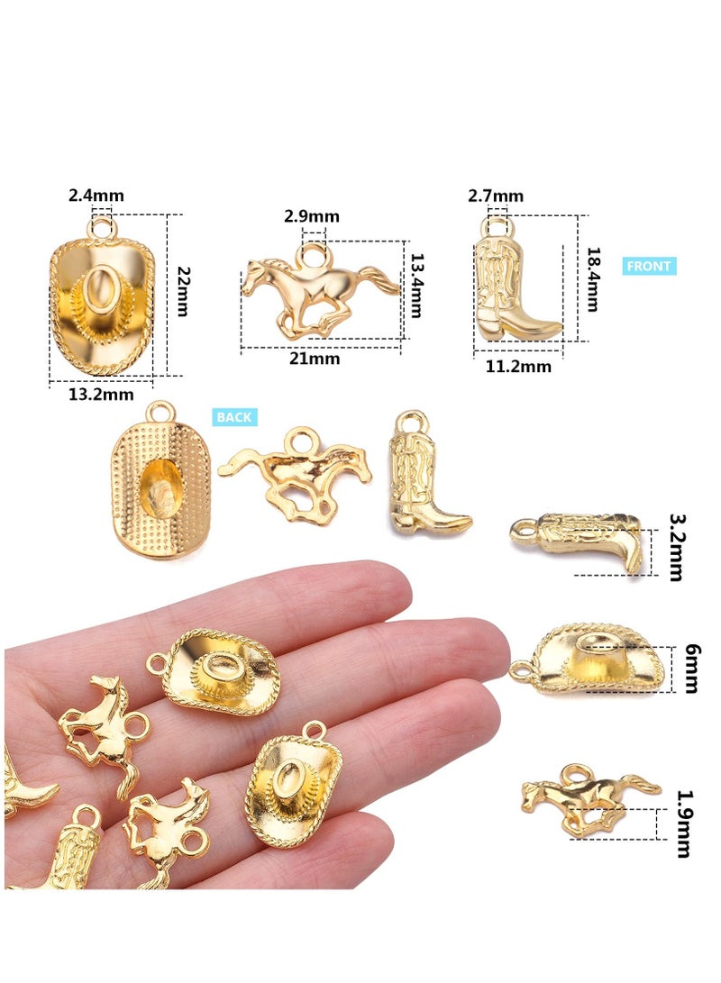 SOLARAE 60 قطعة 3 أنماط سحر رعاة البقر الغربيين من سبيكة التبت مع قلائد قبعة الحصان، سحر حذاء رعاة البقر العتيق، مستلزمات الحرف اليدوية لصنع الأساور والقلائد والمجوهرات، ذهبية - Image 3