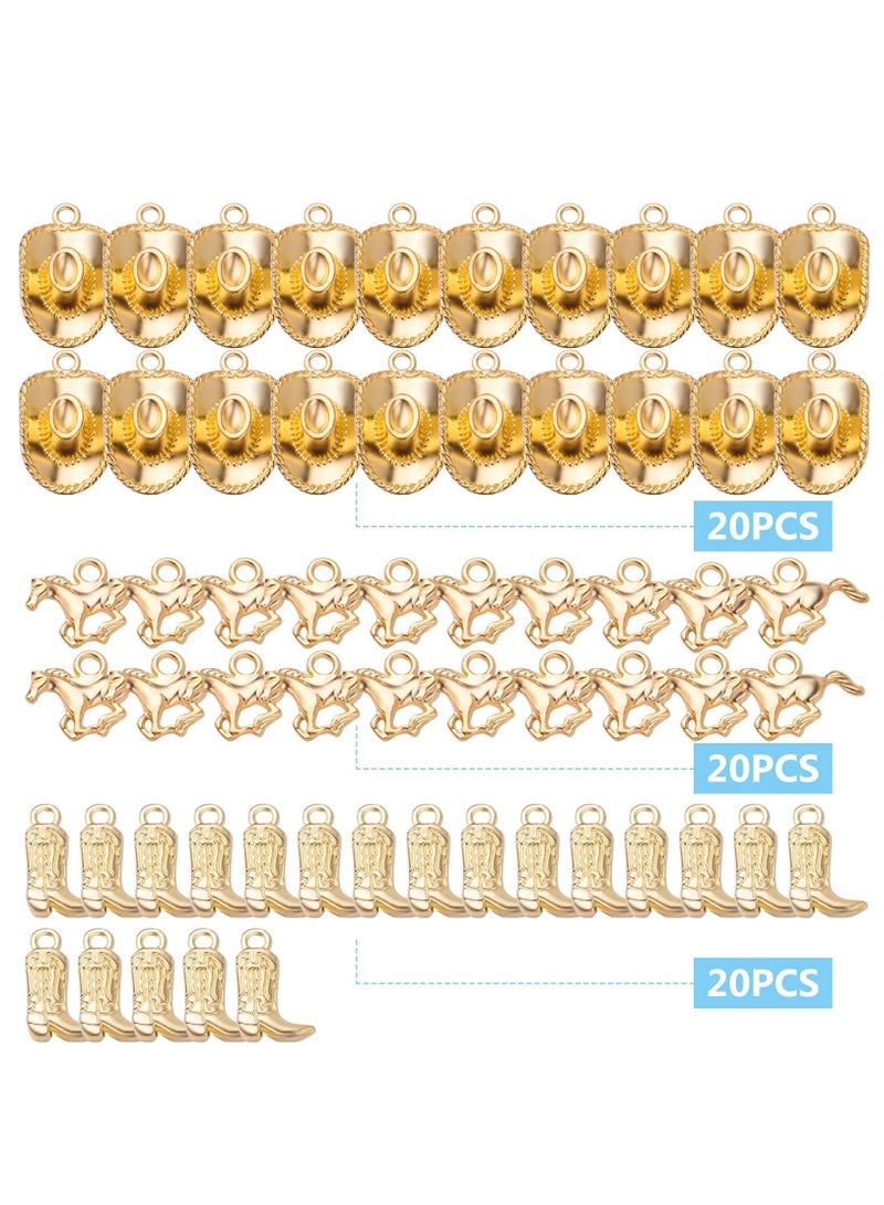 SOLARAE 60 قطعة 3 أنماط سحر رعاة البقر الغربيين من سبيكة التبت مع قلائد قبعة الحصان، سحر حذاء رعاة البقر العتيق، مستلزمات الحرف اليدوية لصنع الأساور والقلائد والمجوهرات، ذهبية - Image 2