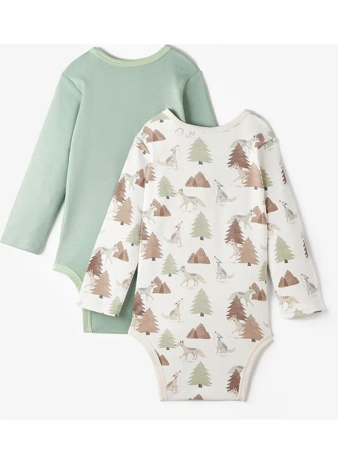 JUNE June Baby Organic Envelope Neck 2-Pack Long Sleeve Plain and Printed Bodysuit Green - Ecru