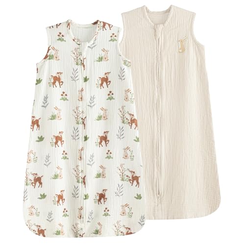 PHF Soft Muslin Cotton Baby Sleep Sack 12-18 Months, 2 Pack 100% Cotton Sleeping Bag for Summer, 0.5 TOG Baby Wearable Blankets with 2-Way Zipper, Baby Sleep Sacks for Newborn Infant, Woodland - Image 1