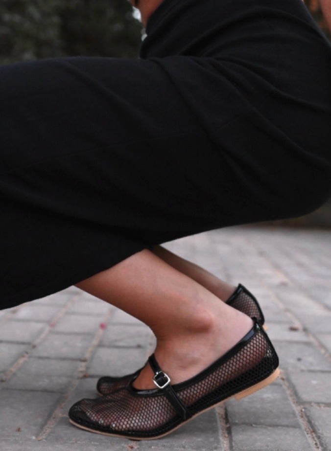 Katee BAILATIRA Black Fishnet Ballerina – Mesh Trend Flat Shoes – Daily Chic Comfort - Image 1