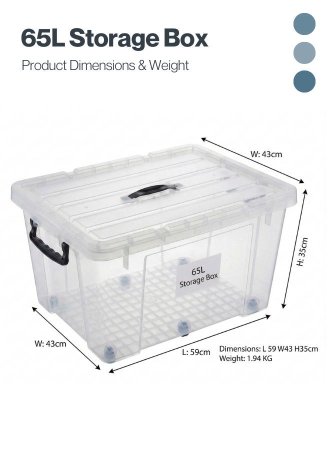 Marcolo Storage Box 65L Transparent Plastic Organizer with Wheels and Lid Large Multipurpose Storage Container - Image 3