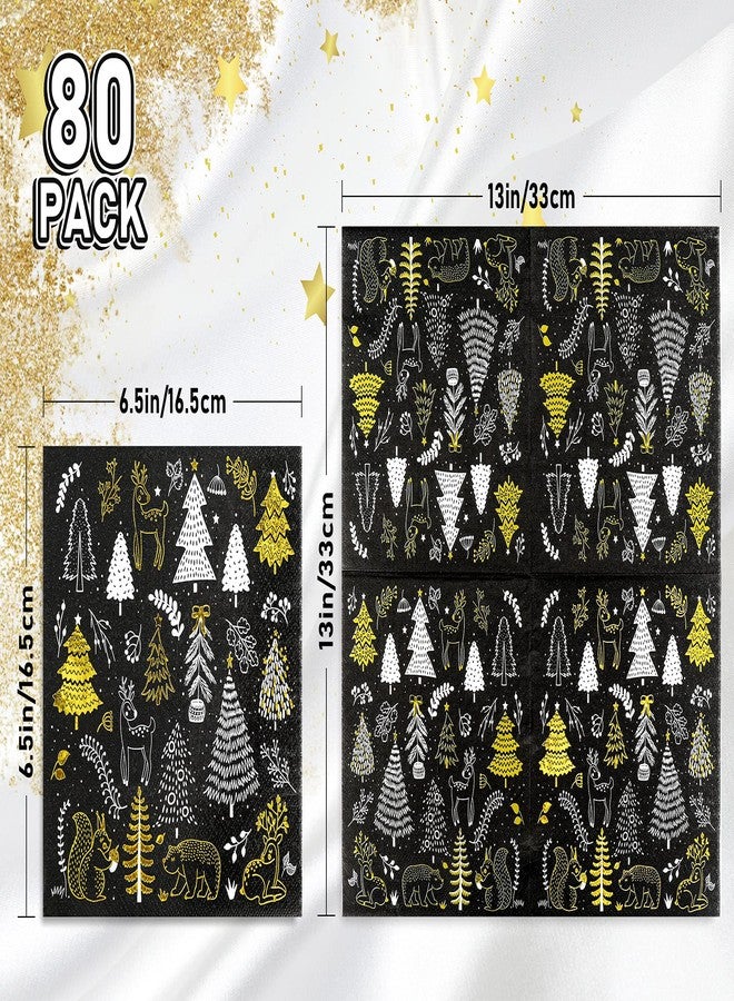 Whaline 80 Pack Christmas Paper Napkins 6.5 x 6.5" Xmas Tree Cocktail Napkins Disposable Black White Gold Party Beverage Napkins for Christmas New Year Winter Holiday Dinner Party Supplies - Image 2