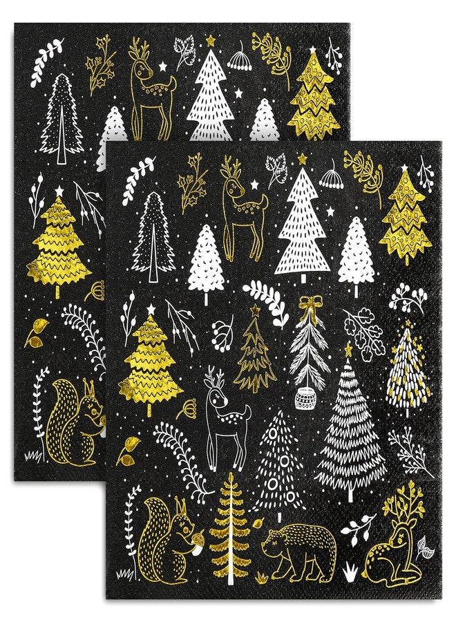 Whaline 80 Pack Christmas Paper Napkins 6.5 x 6.5" Xmas Tree Cocktail Napkins Disposable Black White Gold Party Beverage Napkins for Christmas New Year Winter Holiday Dinner Party Supplies - Image 1