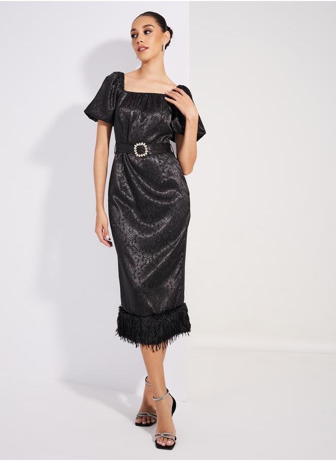 Styli Jacquard Faux Fur Detail Belted Midi Dress  - Image 1