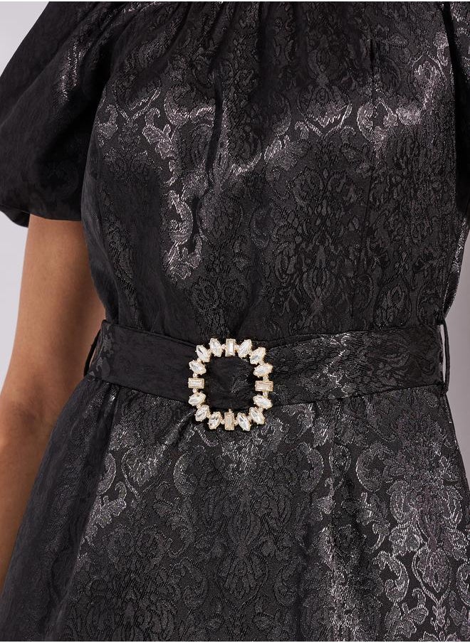 Styli Jacquard Faux Fur Detail Belted Midi Dress  - Image 3