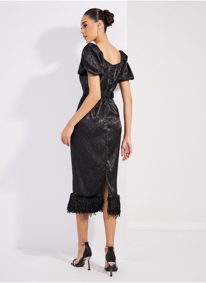 Styli Jacquard Faux Fur Detail Belted Midi Dress  - Image 4