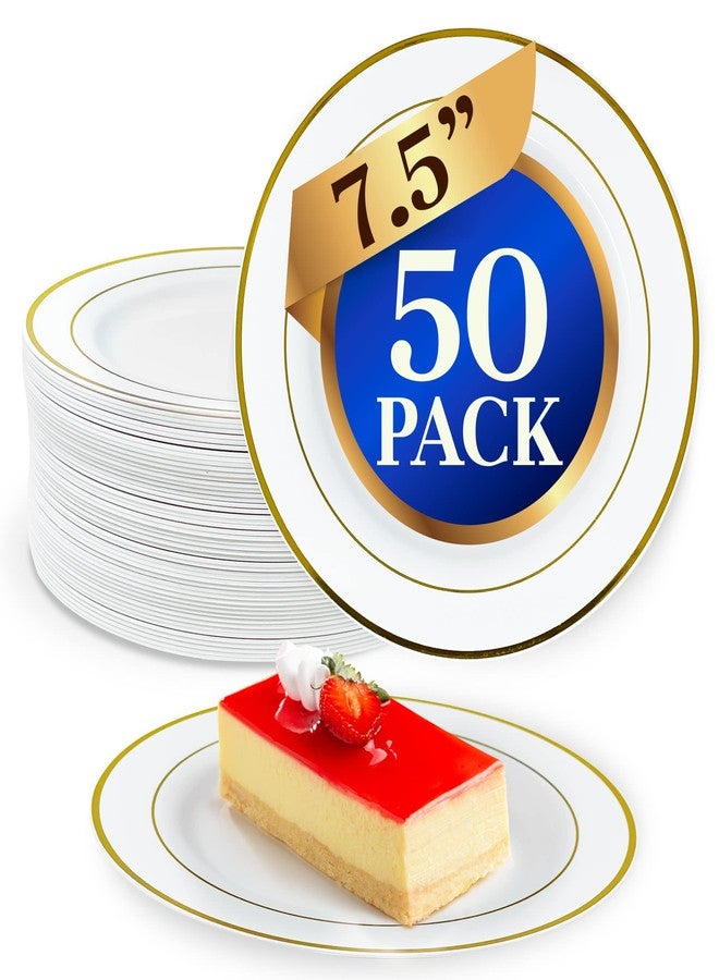 Reli. 50 Pcs Plastic Dessert Plates, Disposable (7.5 inch, White w/Gold Rim) | Small Plates for Party, Heavy Duty | Hard Plastic, for Dessert, Wedding, Birthday, Salad/Appetizer (7.5") - Image 1
