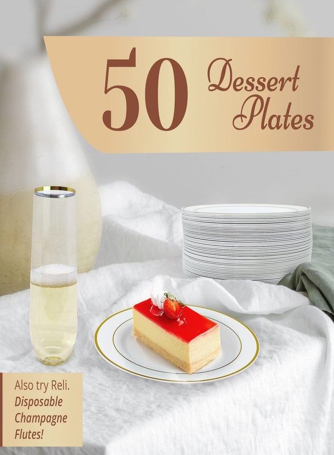 Reli. 50 Pcs Plastic Dessert Plates, Disposable (7.5 inch, White w/Gold Rim) | Small Plates for Party, Heavy Duty | Hard Plastic, for Dessert, Wedding, Birthday, Salad/Appetizer (7.5") - Image 2