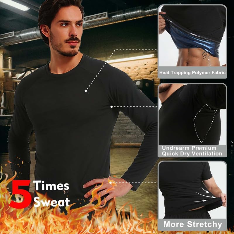 FEVOHOT Sauna Shirt for Men Weight Loss Long Sleeve Slimming Sweat Sauna Suit Heat Trapping Compression Gym Workout Body Shaper(L-BK L) - Image 3