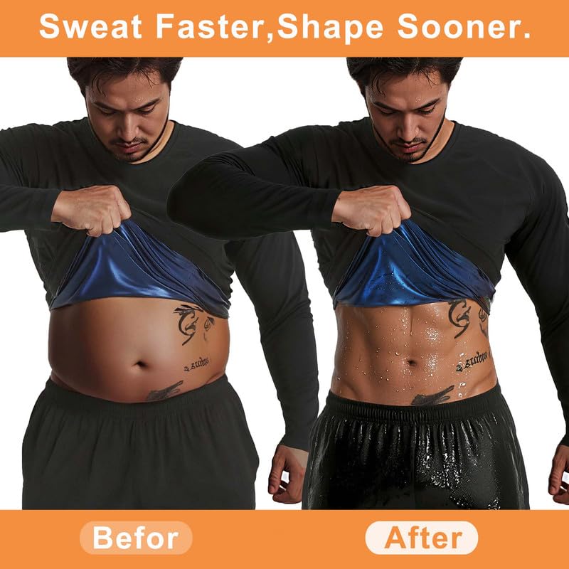 FEVOHOT Sauna Shirt for Men Weight Loss Long Sleeve Slimming Sweat Sauna Suit Heat Trapping Compression Gym Workout Body Shaper(L-BK L) - Image 2