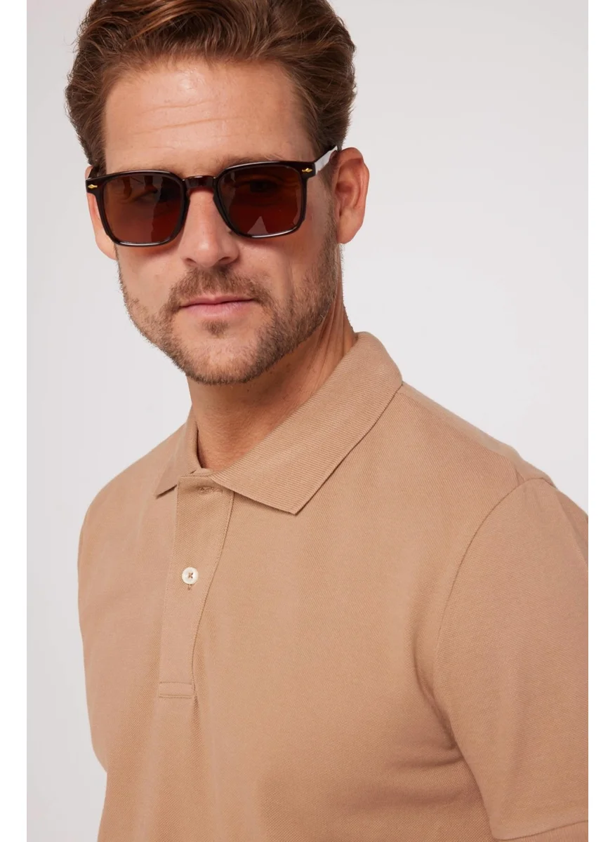 Tudors Men's Slim Fit Narrow Cut Cotton Plain Pique Brown Polo Collar T-Shirt