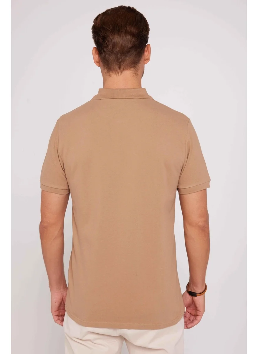 Tudors Men's Slim Fit Narrow Cut Cotton Plain Pique Brown Polo Collar T-Shirt