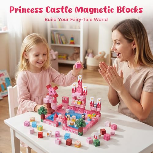 3 otters Magnetic Blocks 150PCS Princess Castle Magnet Cubes STEM Montessori Building Toys for Girls Sensory Gifts for Kids Birthday Christmas - Image 5