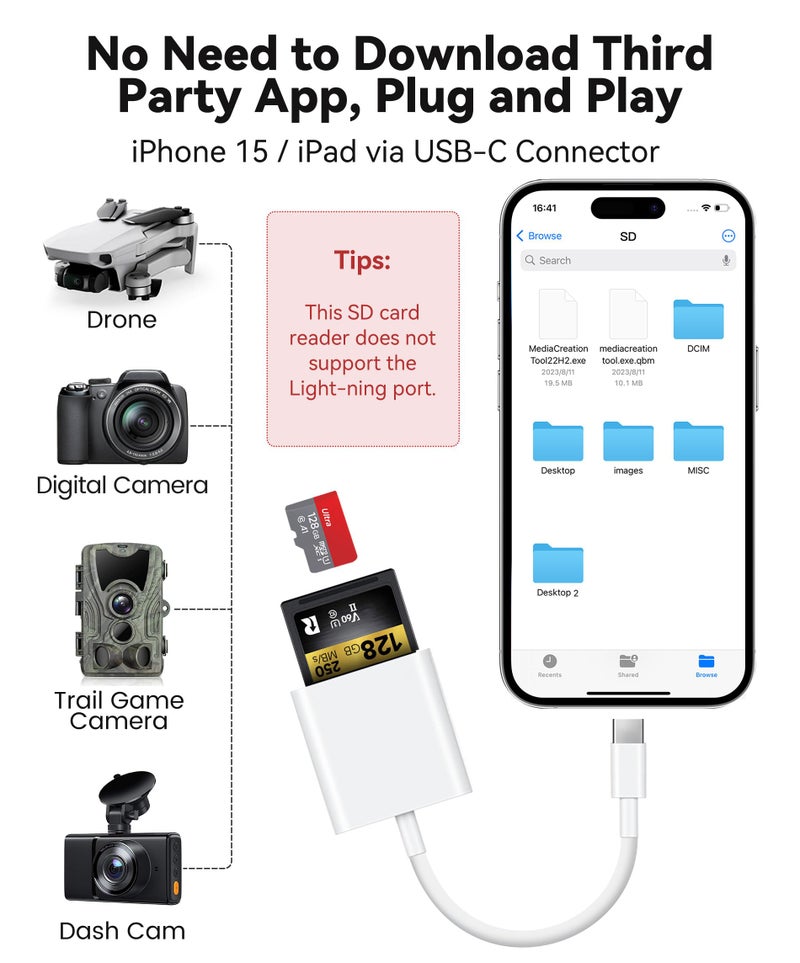 xdgeLoad USB C SD Card Reader for iPhone 15 16/iPad/MacBook/Mac, xdgeLoad USB-C Type C SD Reader Supports SD and MicroSD Memory Card Adapter, Trail Camera Viewer Plug and Play - 2 Slots - Image 3