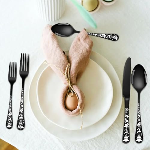 KitchEase Cutlery Set 10-Piece | 4 Spoons, 4 Forks, 2 Steak Knife with Festive Printed Handle | SUS410 Stainless Steel for Dinner Table & Christmas Celebration Gifting (Black) - Image 5