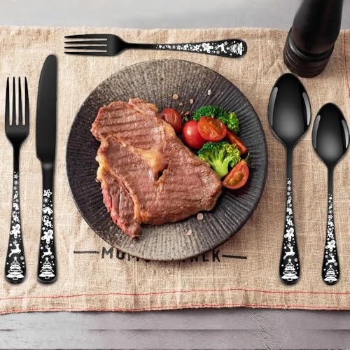 KitchEase Cutlery Set 10-Piece | 4 Spoons, 4 Forks, 2 Steak Knife with Festive Printed Handle | SUS410 Stainless Steel for Dinner Table & Christmas Celebration Gifting (Black) - Image 2