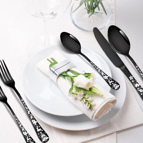 KitchEase Cutlery Set 10-Piece | 4 Spoons, 4 Forks, 2 Steak Knife with Festive Printed Handle | SUS410 Stainless Steel for Dinner Table & Christmas Celebration Gifting (Black) - Image 3